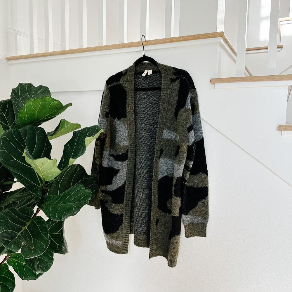 Anthropologie Moth Camo Moss Open Front Chunky Knit Sweater Cardigan Size L